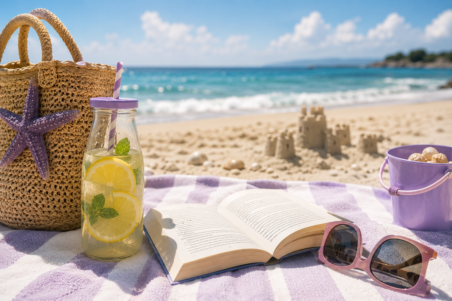 Könyv, limonádé és napszemüveg egy strandtörölközőn a nyári szünetben – pihenés és olvasás a tengerparton
